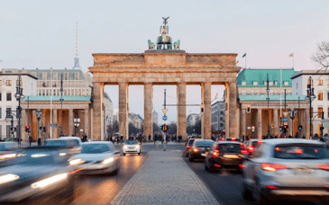 Traffic line the streets in Berlin.